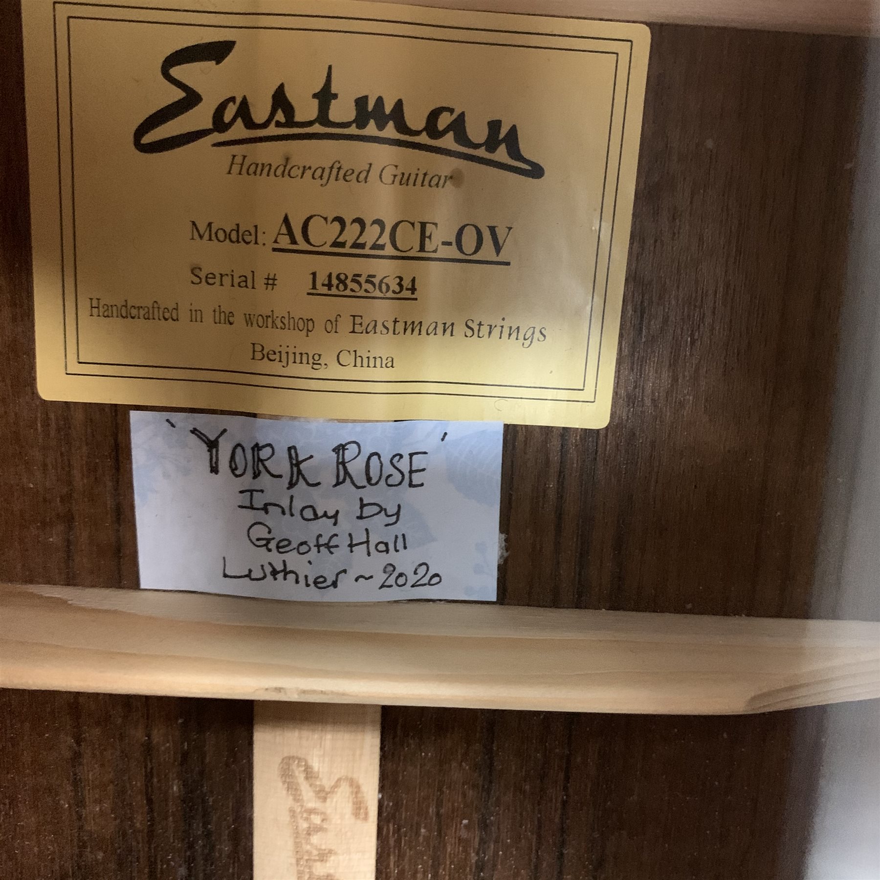  Eastman model AC222CE-OV acoustic/electric guitar, serial no. 14855634, with ovangkol back and sides and spruce top, bears maker's label and manuscript label 'York Rose inlay by Geoff Hall Luthier 2020', L103.5cm, certificate of authenticity, in soft carrying case  