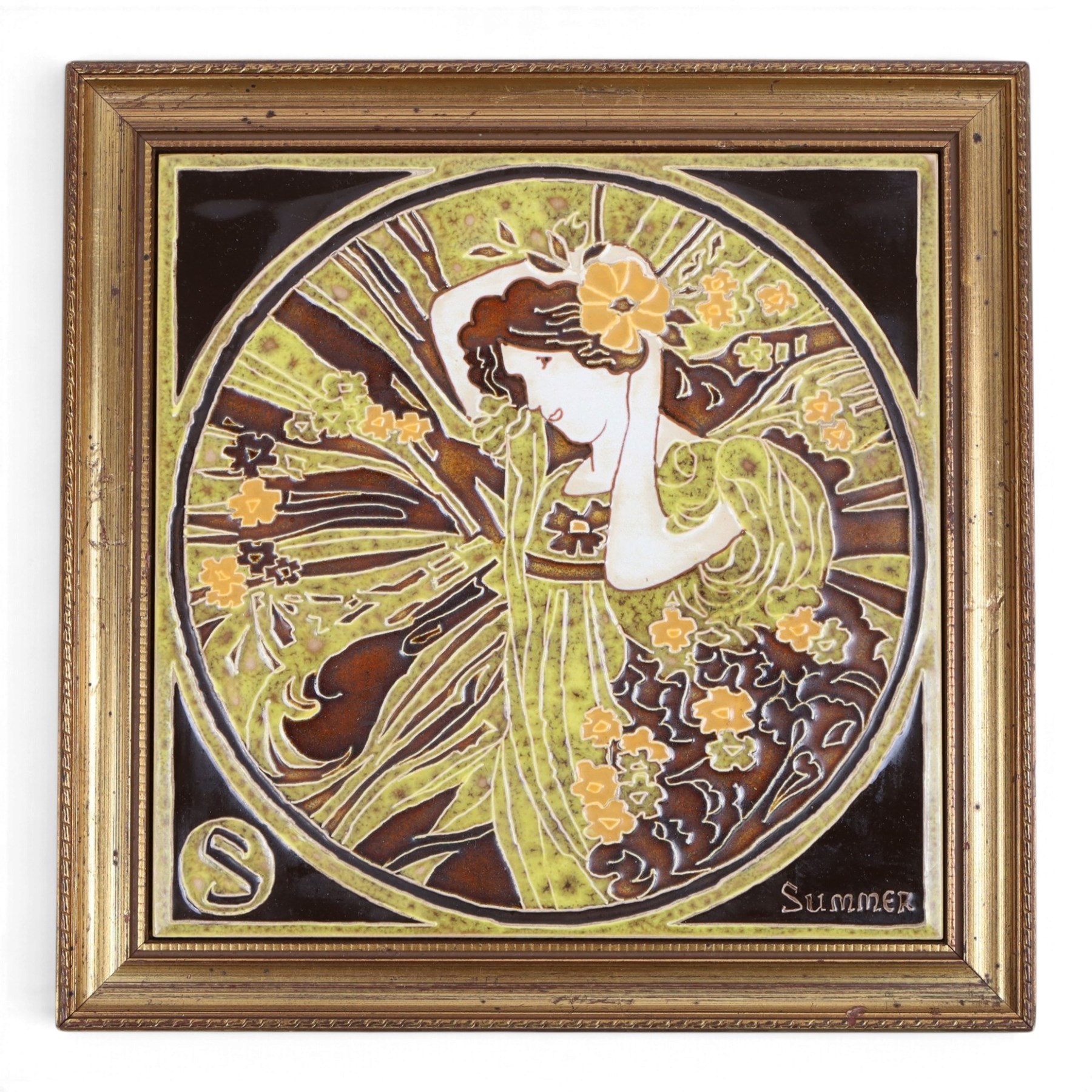 Set of Maw & Co tiles, The Four Seasons: Art Nouveau in style and a similar framed set of five green tiles