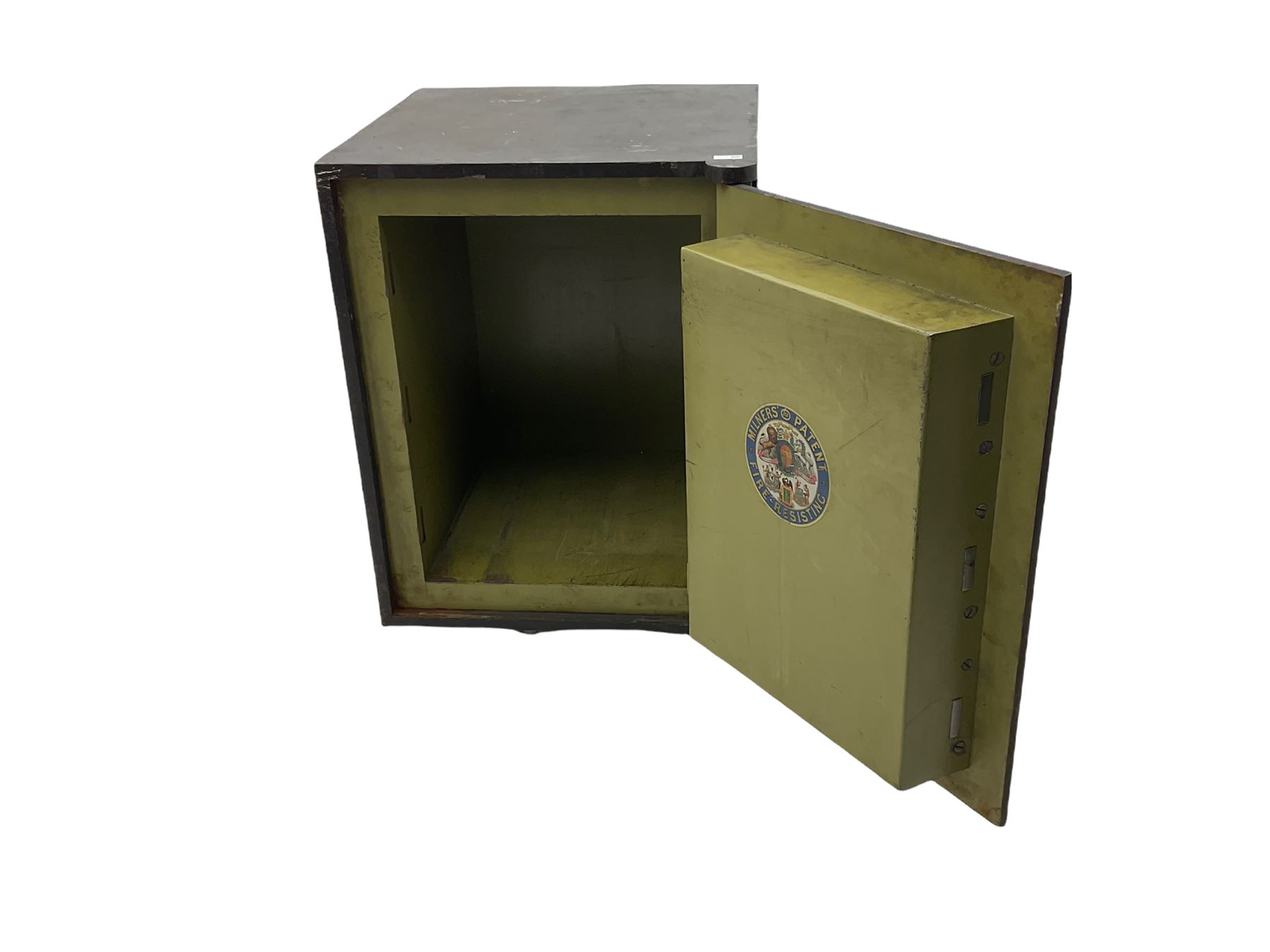 Millers large Victorian cast iron safe, green painted brass handles, with two keys 