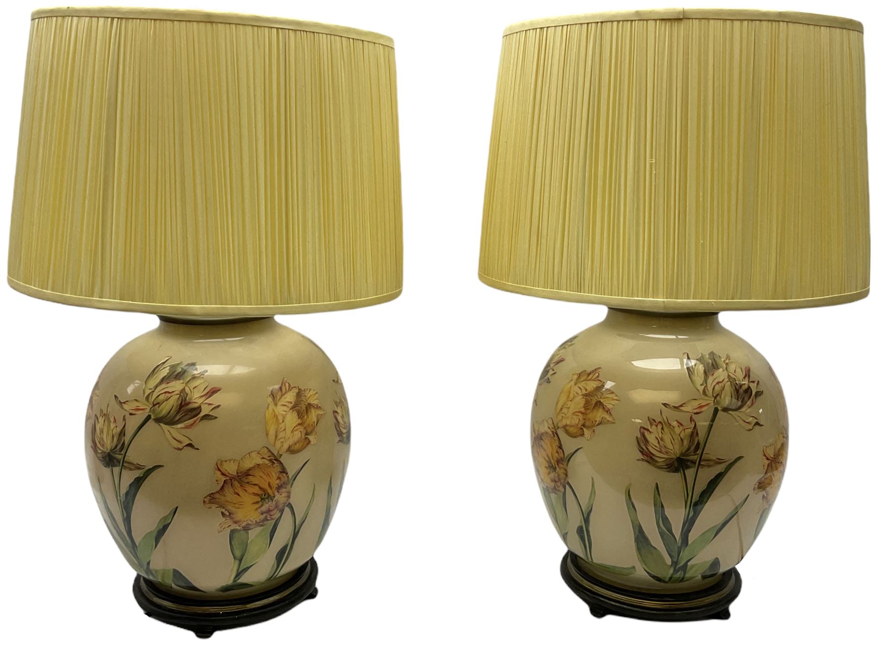Pair of Potichomania tulip design glass table lamps, by Jenny Worrall, H40cm, with cream pleated lampshades. 