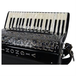  VIGNONI – Ravel IV -  Italian piano accordion with a three octave keyboard F-F compass and  96 bass buttons, four sets of treble reeds, five sets of bass reeds,  With a hard and padded travel case (on wheels).
