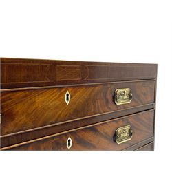 George III mahogany chest, rectangular banded top over inlaid frieze, four graduating drawers with brass plate handles decorated with Sphinx motifs, inlaid shaped apron and splayed bracket feet, bone extended lozenge escutcheons   