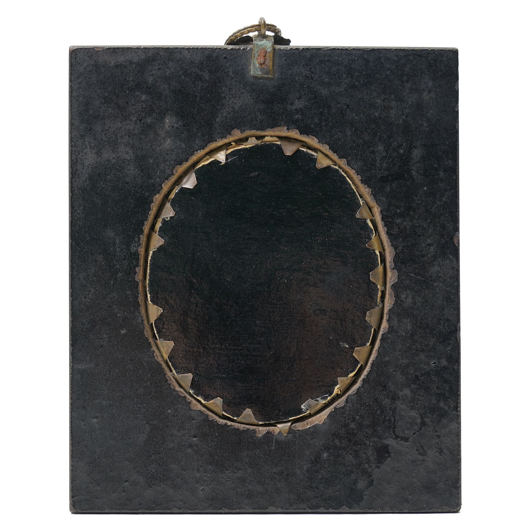 19th century miniature half length portrait on ivory of a lady wearing a gold locket, ebonised frame 13.5cm x 11.5cm