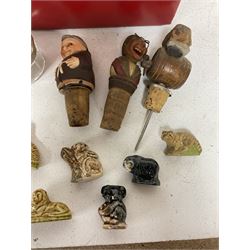 Seven Wade Whimsies, leather falcon hood, three novelty bottle corks, pair of EPNS open salts and other collectables