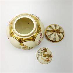 Royal Worcester blush ivory potpourri jar and cover, with inner cover, of lobed ovoid form decorated with flowers and heightened with gilt, with puce printed mark beneath, Rd no 112588, 1313, H20cm