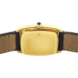 Baume & Mercier ladies 18ct gold quartz wristwatch, champagne dial with baton hour markers, hallmarked, on Baume & Mercier black leather strap, with gilt buckle, with guarantee card dated 1983