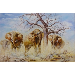  Herd of Elephants' oil on canvas signed by David Painter (British Contemporary) 49.5cm x 74.5cm  