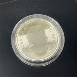 Five Royal Canadian Mint fine silver coins, comprising 2016 'Canada's Colourful Maple Leaf' twenty dollars, 2016 'Queen Elizabeth Rose' three dollars, 2017 'A View of Canada from Space' twenty-five dollars, 2018 'Lest We Forget' twenty-five dollars and 2019 'Silver Maple Leaf' ten dollars, all cased with certificates