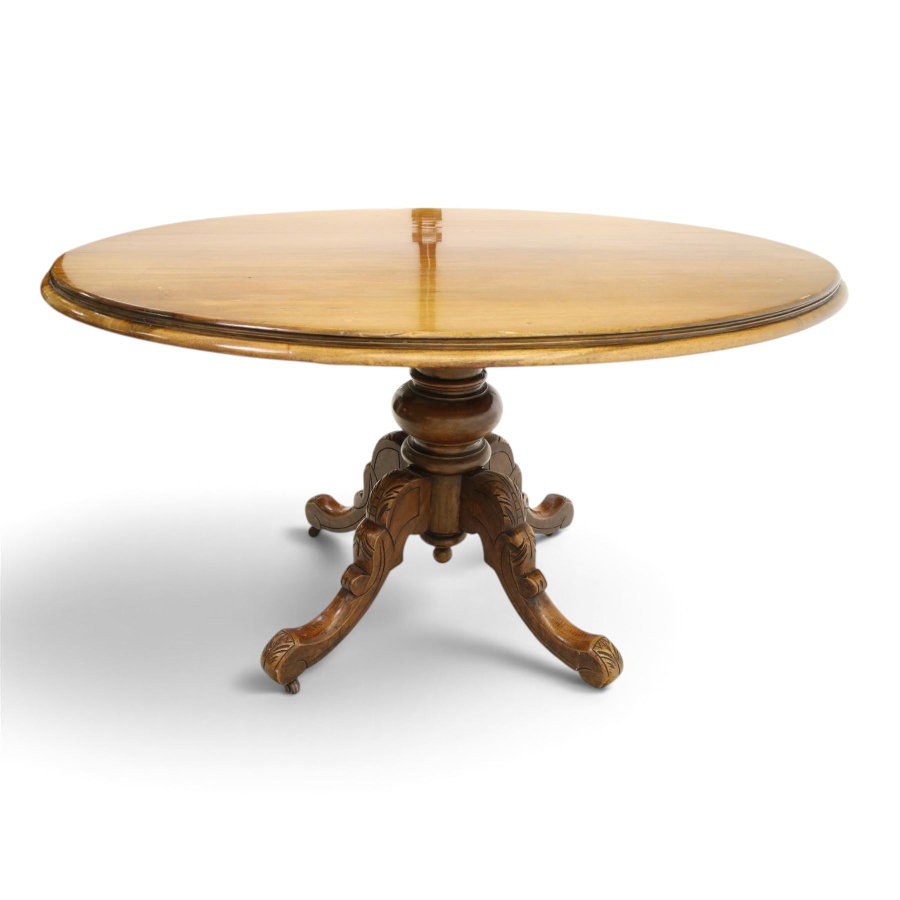 Victorian mahogany oval centre table, turned base with four carved splay legs (no fittings)
