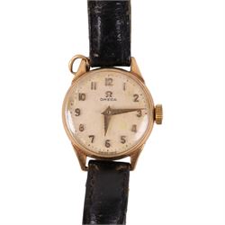 Omega ladies 9ct gold manual wind wristwatch, hallmarked, on leather strap