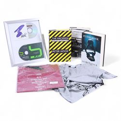 Joy Division/New Order framed album inserts and CDs, both signed by Peter Hook, together w...