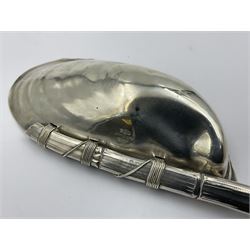 Mid/late 19th century Gorham silver serving spoon, circa 1863-1890, the bowl modelled as an oyster shell with silver gilt interior, affixed to the bamboo handle with silver twine, the bowl with marks for Gorham and impressed Sterling 330, L26.5cm
