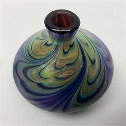 Three Okra scent bottles, all decorated with iridescent threads in blue and purple tones, together with  Paul C Brown scent bottle, largest H15cm