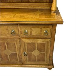 Barker & Stonehouse - flagstone dresser, raised display cabinets and shelves over three drawers and three cupboards, on turned feet 