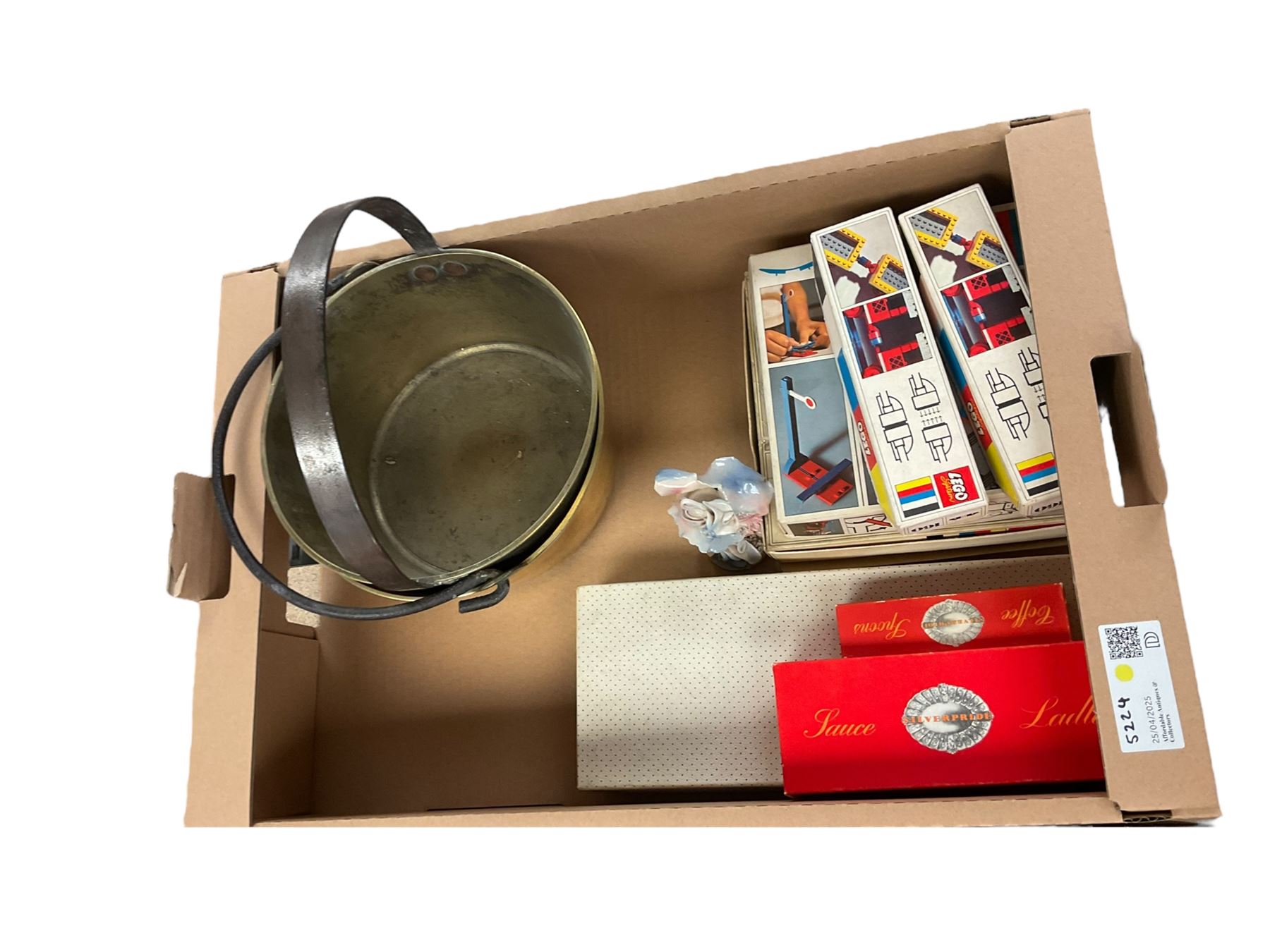 Brass jam pan, together with collection of silver plate and other collectables, in two boxes 