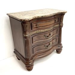 Kevin Charles American walnut serpentine chest with marble top, three graduating drawers, half turned fluted column carving, turned supports 
