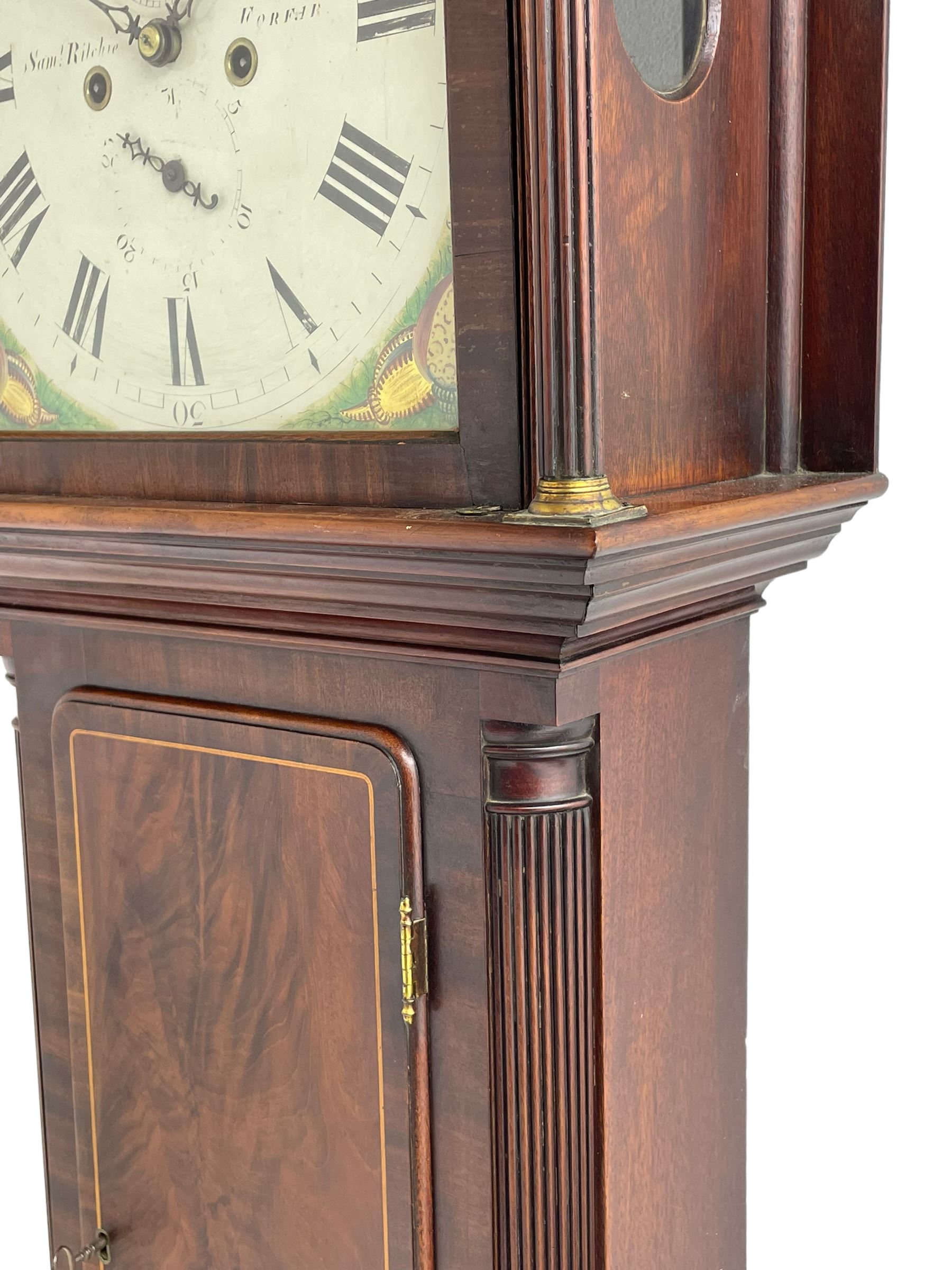 Samuel Ritchie of Forfar - William IV 8-day Scottish longcase clock in a mahogany case, with a swans neck pediment, brass paterae and three ball and spire brass finials, case and trunk inlaid with satinwood stringing on a plinth raised on decorative bracket feet, painted break arch dial depicting a costal scene to the break arch and conch seashells to the spandrels, Roman numerals, subsidiary seconds and date dials with matching steel hands, with a rack striking movement striking the hours on a bell. With weights, key, and pendulum.  Samuel Ritchie is recorded as working in Forfar 1800-37.