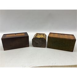 19th century style specimen wood tea caddy, with slightly domed hinged cover, and twin compartmented interior with covers, with key, together with a further 19th century style satinwood banded rosewood tea caddy, also with key, and a late Victorian style pokerwork tea caddy decorated with flowers, (3)
