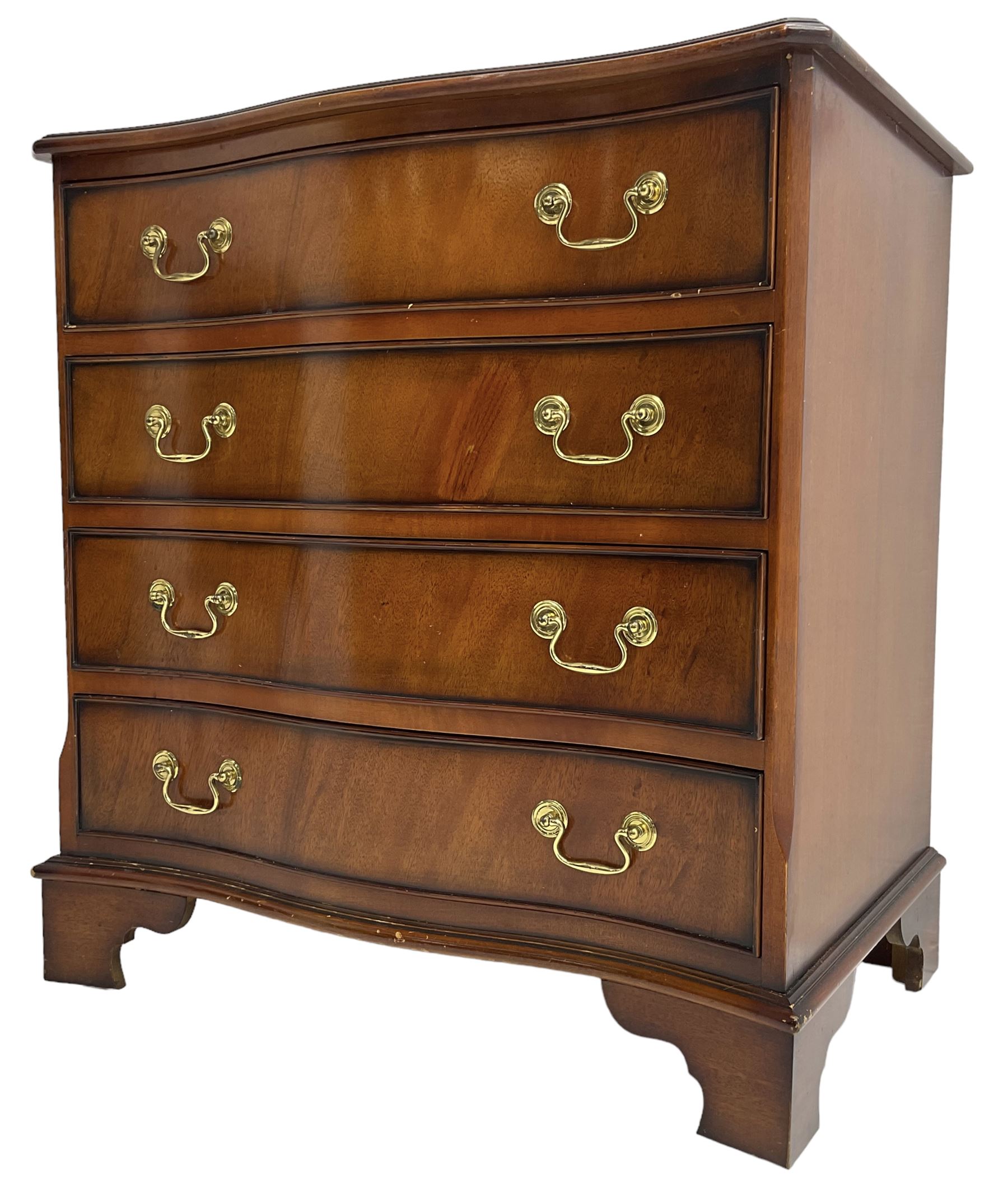 Georgian design mahogany serpentine chest, moulded top over four cock-beaded drawers, on bracket feet