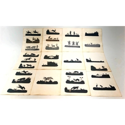  Various paper cut silhouettes including African wildlife, racing jockeys, farmers working the land, a lighthouse and shipwreck etc, thirteen pieces many with multiple silhouettes, twenty-seven silhouettes in total  