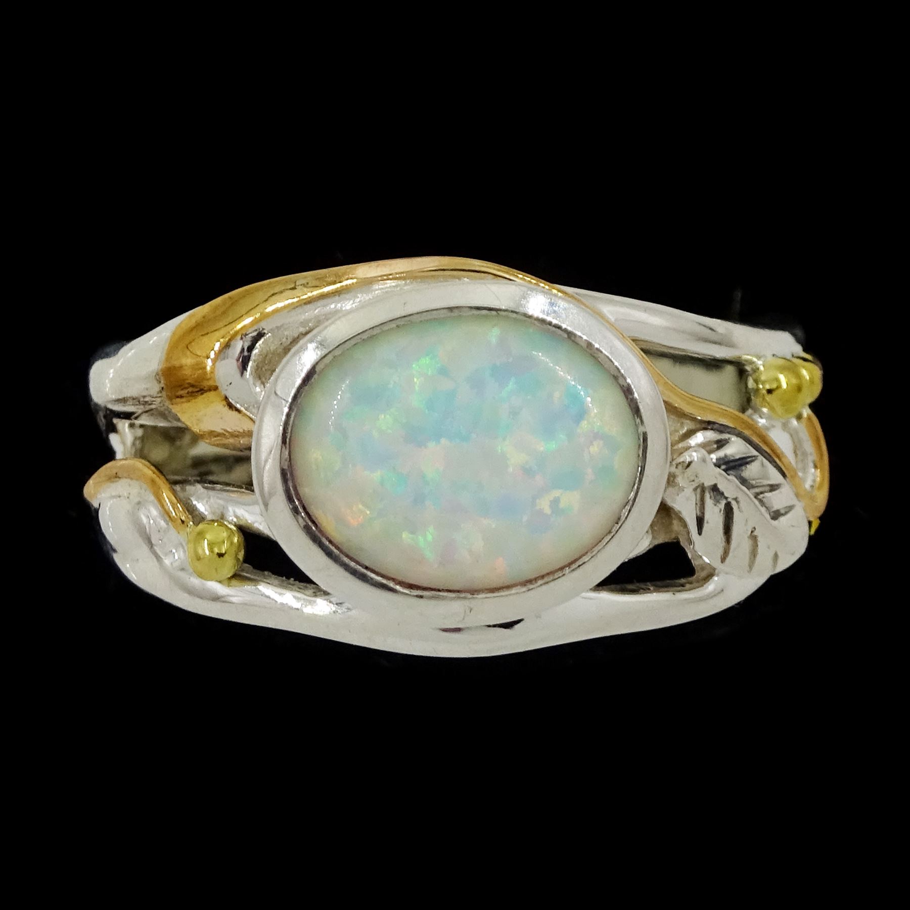 Silver and 14ct gold wire, single stone opal ring, stamped 925