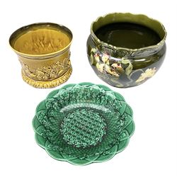 Wedgwood majolica comport, moulded with basket weave and foliage decoration, together with Imperial & Bonn and Sylvac jardinières, sylvac H18cm