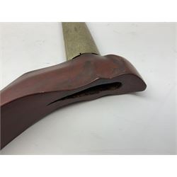 Malayan Kris dagger, the 31.5cm double edged straight heavy damascus blade with copper ferrule; carved hardwood grip; in large wooden throated scabbard with floral decorated white metal covering L47.5cm overall; a kris blade with adapted antler grip; and five various small daggers/letter openers (7)