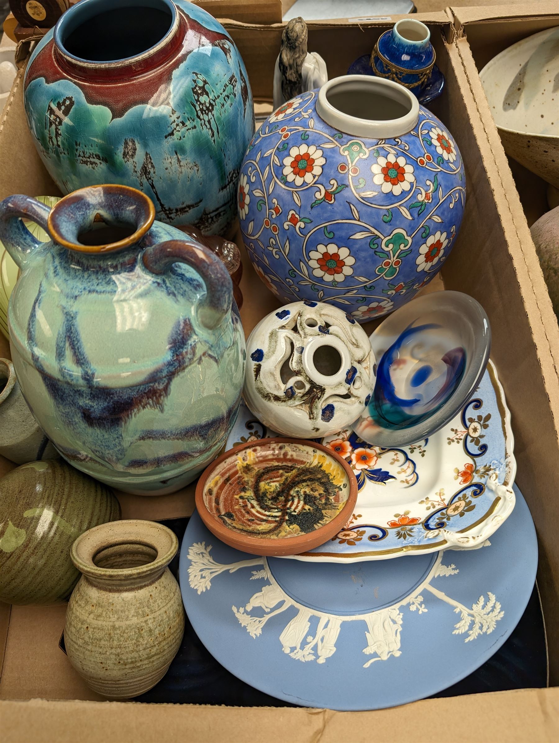 Poole pottery vase, Mdina glass vase and a collection of other glassware and ceramics, in two boxes 