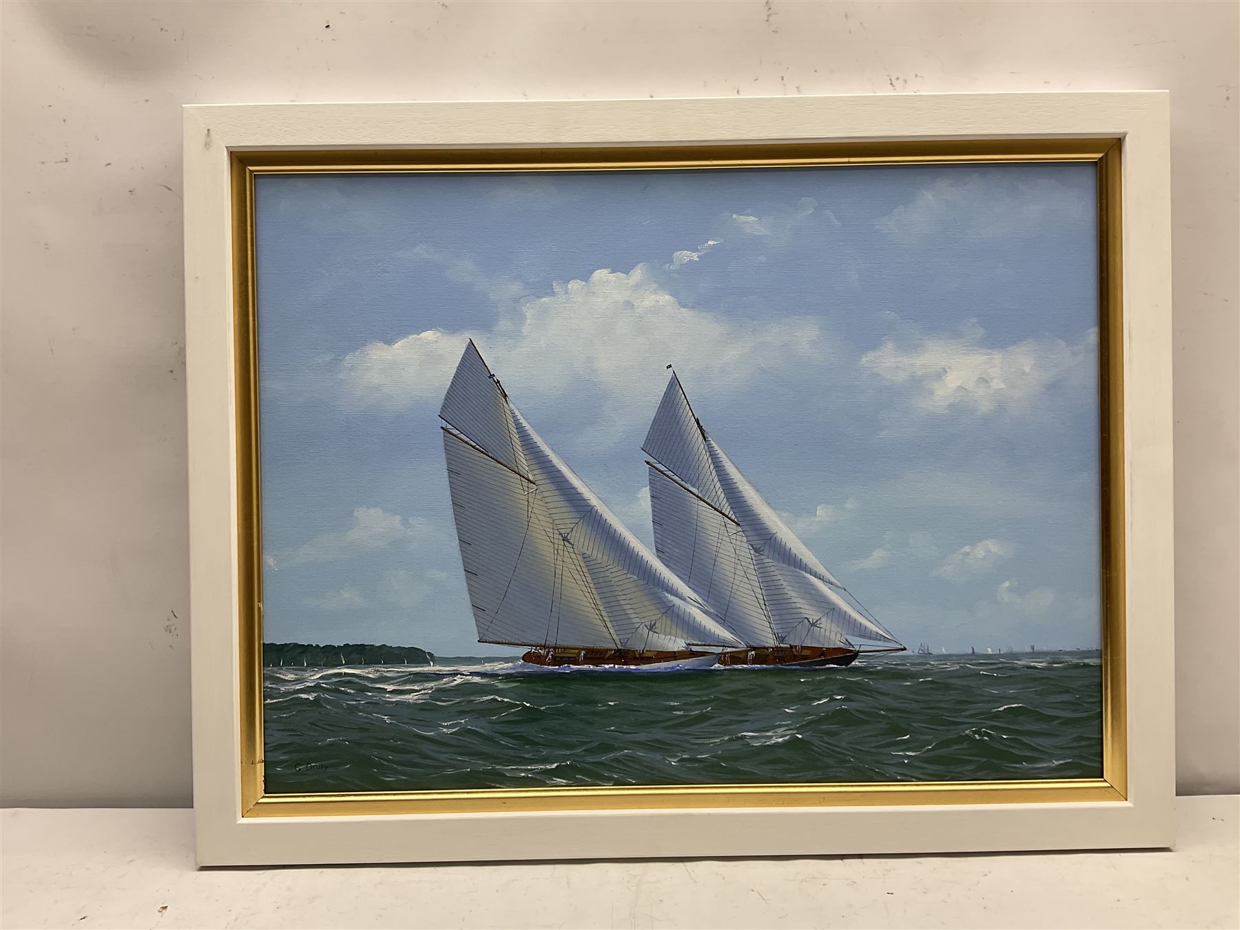 George Drury (British 1950-): J Class Yachts 'Britannia' and 'Valkyrie III' 1895, oil on canvas board signed, titled verso 42cm x 57cm