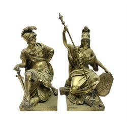 Pair brass grand tour style figures of Minerva and Mars, each on a square base, Minerva H18cm