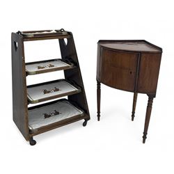Mid-20th century mahogany four-tier serving tea trolley, heart-shaped cutout handles, on castors (H79cm, W55cm); Georgian mahogany corner washstand with single cupboard, raised on turned supports (H70cm, W54cm)