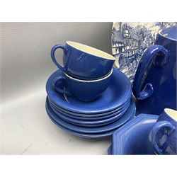 1930s Moorcroft blue glazed tea and breakfast wares, to include coffee pot, side plates, six teacups, bowls etc, together with T.G. Green Cornish ware rolling pin and flour sifter etc