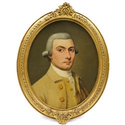 English School (Late 18th century): Portrait of Benjamin Mather (1753-1821) and his Wife Sarah Perry (1755-1788), pair oval oils on canvas laid onto board with family history verso , together with the original bodice worn by Perry in the painting, and her associated 9ct gold and black enamel 'Regard' mourning ring, with plaited hair shank, 25cm x 19cm (2)

Notes: The sitters belong to the extended Mather family of Lancashire, a lineage of considerable historical significance on both sides of the Atlantic. The family traces back to Richard Mather (1596-1669), a prominent Puritan minister who emigrated from England to New England in 1635, becoming a founding figure in early colonial Massachusetts. His descendants in America included his son Increase Mather (1639-1723), President of Harvard College, and his grandson Cotton Mather (1663-1728), one of the most influential theologians and writers of early American history.

The present sitters descend from a parallel English branch of the same family. Benjamin Mather married Sarah Perry in London in 1776. Sarah Perry died in 1788 aged 33 and was buried at Wellingborough, Northamptonshire. This branch of the family remained in England, while their close relations established the prominent New England Mather dynasty.

The remainder of the extensive related family ephemera, including indentures and other documents dating from the 17th century onwards, will be offered for sale in our Maps, Antiquarian Books & Ephemera auction on 24th July.