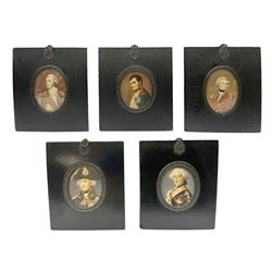 Matched set of five early 20th century hand finished miniature prints of 19th century military figures including Napoleon, Nelson, Wellington, Marlborough etc; each oval mounted in ebonised frame (5)