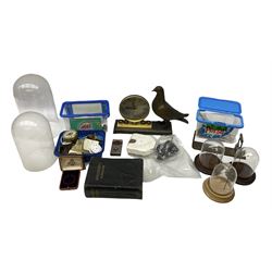 Group of assorted items, to include mantle clock modelled with a pigeon, various clock domes, watch parts and accessories, etc., in two boxes 