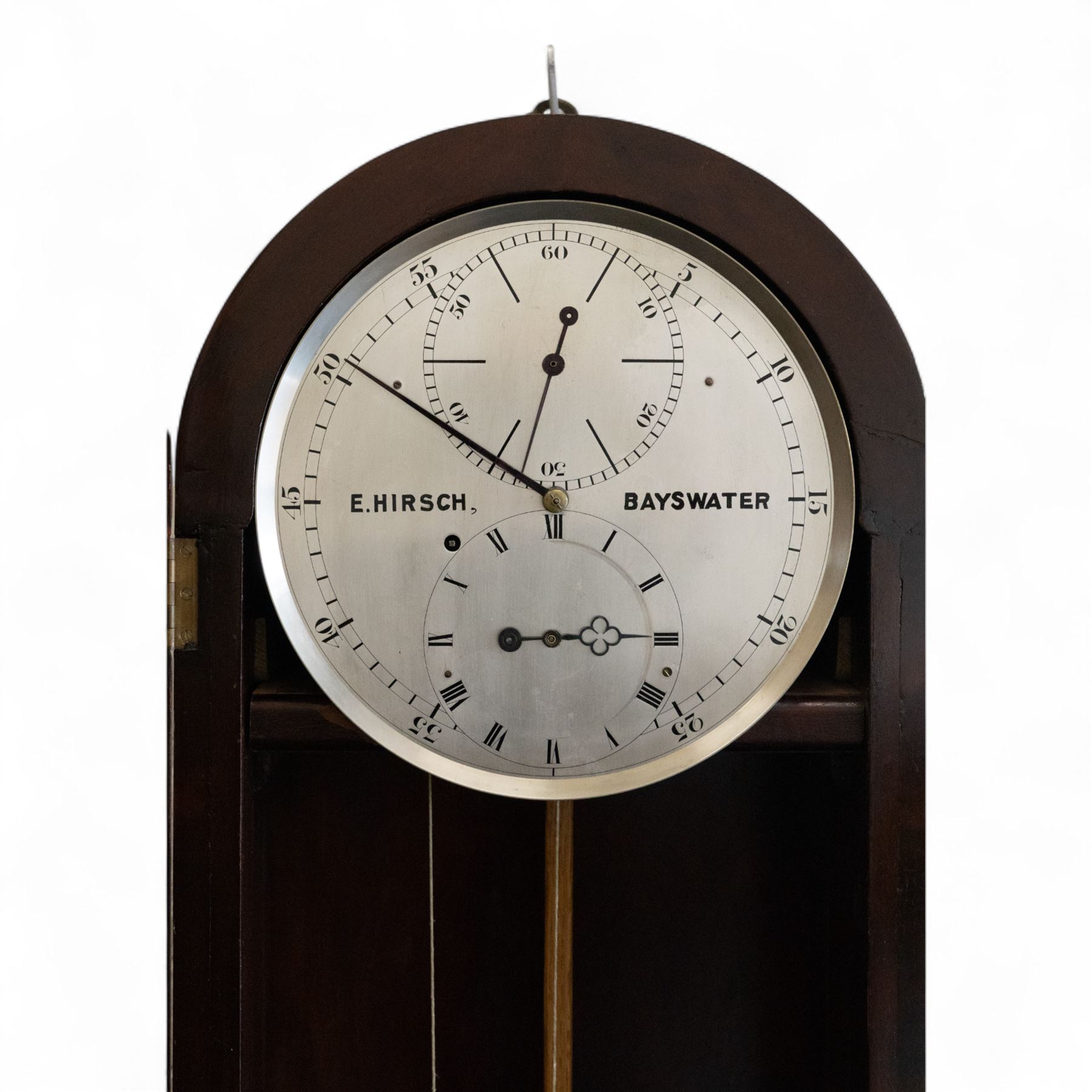 Hirsch of Bayswater-Fine late Victorian 8-day mahogany cased Jewellers regulator, wall mounted case with an arched top and tapering swept base, fully glazed door with visible pendulum and off-set brass cased weight, 10-1/2