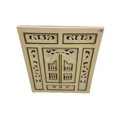Painted wall mirror with fret work decoration (60cm x 70cm), polished pine mirror with bevelled plate (80cm x 99cm)