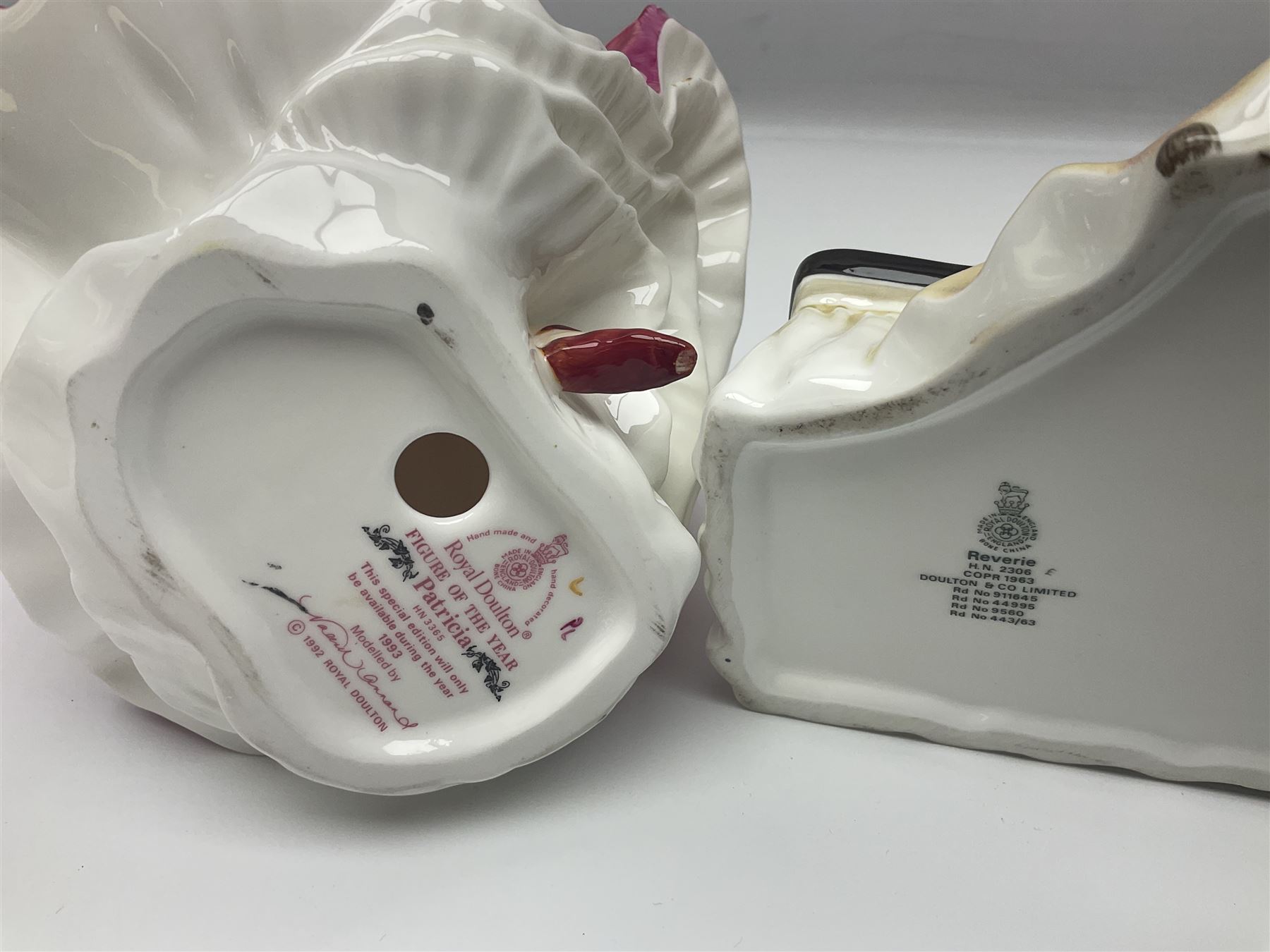 Six Royal Doulton figures, comprising Romance HN2430, Sarah HN3978, Rachel HN3976, Patricia HN3365, Elizabeth HN4426 and Reverie HN2306, all with printed mark beneath  