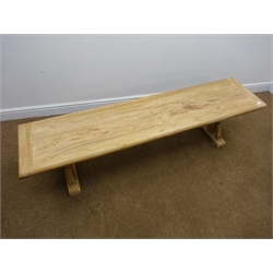  Rustic timber planked effect dining bench, joined by metal stretcher, W170cm, H45cm, D45cm  