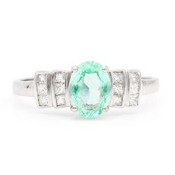18ct white gold Paraiba tourmaline and diamond ring, single oval cut tourmaline of approx ...