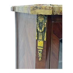 Early 20th century French style vitrine, with shaped breccia marble top above a single glazed door enclosing three shelves, the serpentine front and canted corners with kingwood and rosewood veneers, mounted with gilt metal ormolu mounts and sabots, raised on slender cabriole legs