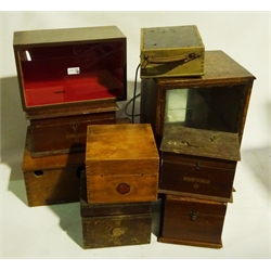  Fourteen wooden boxes/display cabinets formerly housing radios, microscopes etc including Gecophones, crystal sets etc (14)  
