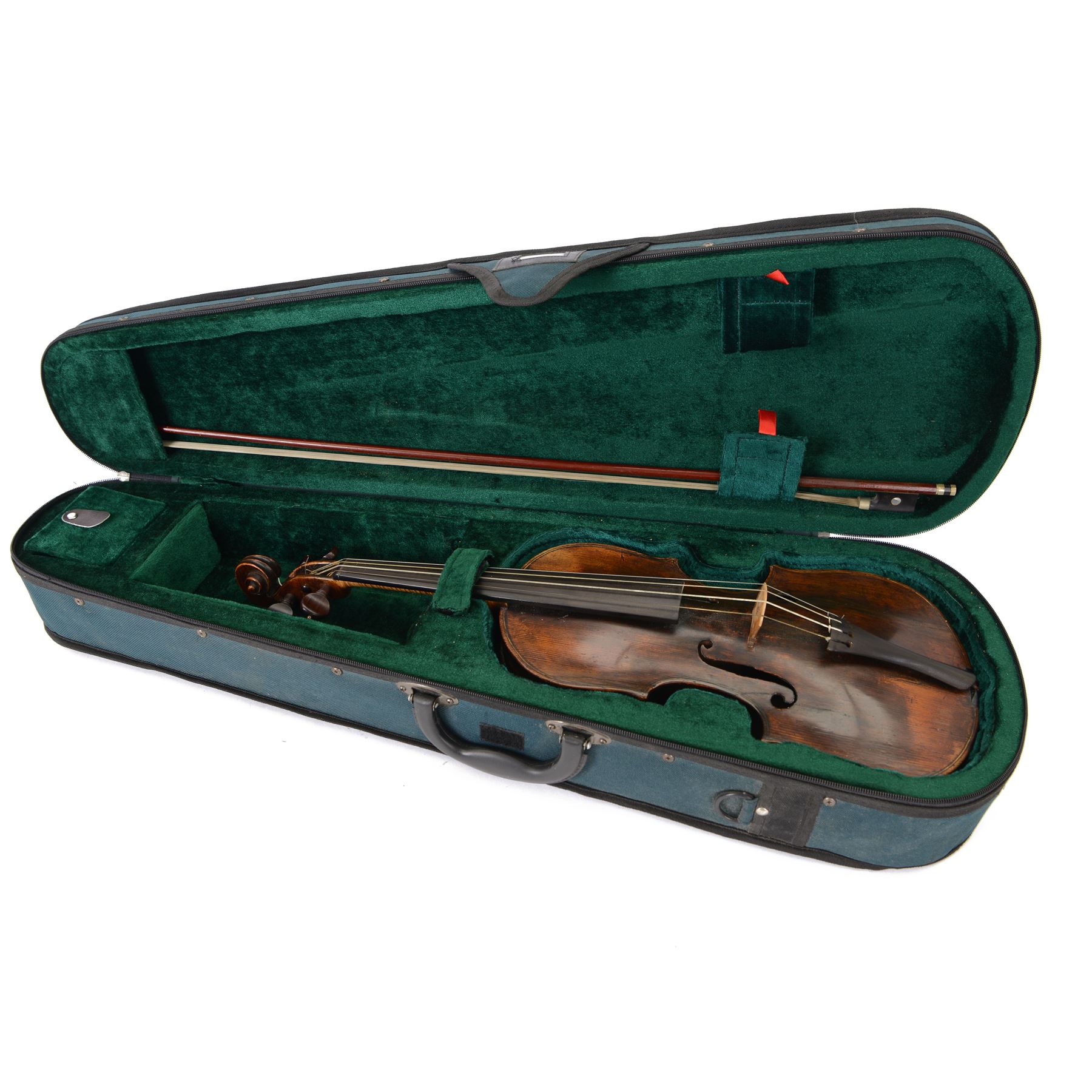 Early Violin - possibly German 17th century with a solid wood body, later neck and fingerboard. In a soft case with bow.