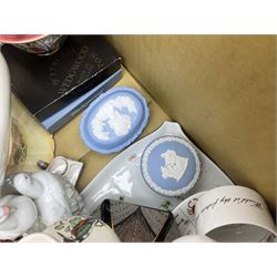 Wedgwood Jasperware trinket boxes and dishes, together with a large collection of ceramics including blue and white figures etc, in three boxes 