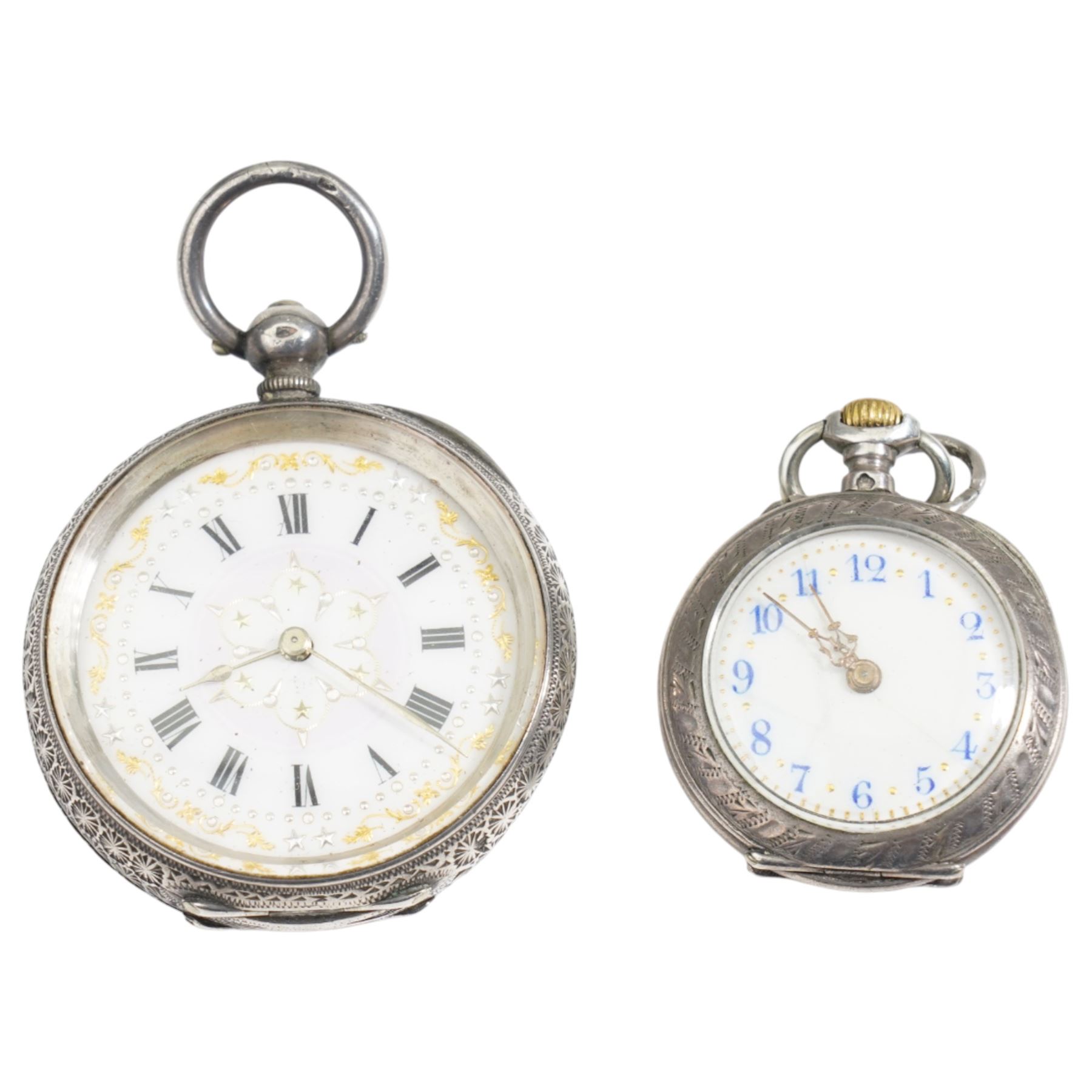 Two early 20th century gold-plated lever pocket watches including H. Stone, Leeds and Elgin and two silver fob watches