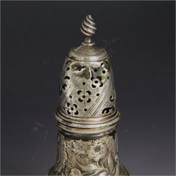 George III silver sugar caster, of typical form profusely embossed with floral and foliate details, hallmarked Jabez Daniell & James Mince, London 1768, H15cm