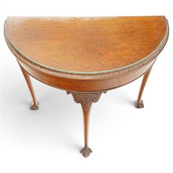 Leemings of Halifax - Georgian design mahogany demi-lune card table, the lunette fold-over top with carved edge and bevelled interior, raised on cabriole supports with acanthus carved knees, with draw-action rear support, terminating to ball-and-claw feet, makers plaque to rear