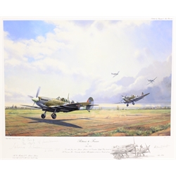 After Alan S Holt (British 20th century): 'Return to France' - First Spitfires to land in France since 1940, artist's proof colour print signed by the artist and Squadron Leader Johnnie Johnson in pencil and dated '95, 44cm x 55cm, together with information about the squadron (unframed)