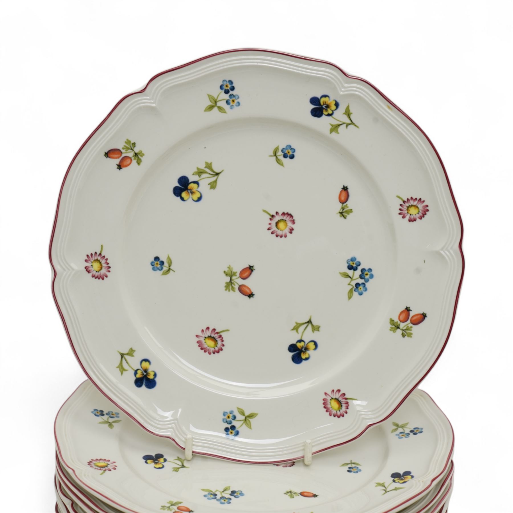 Villeroy & Boch Petite Fleur pattern part tea service comprising seven cups, ten saucers, ten plates, sugar bowl and cover, milk jug, saucer dish and rectangular plate
