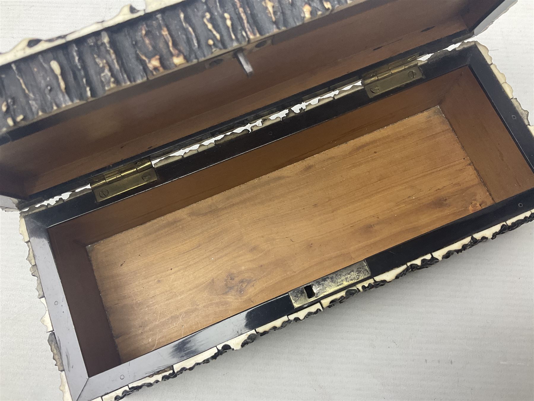 19th century elk horn and cedar wood box, with carved finial, H12cm, L27cm